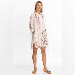 Johnny Was Toni Smocked Pin Striped Cuff Tunic Sz XS